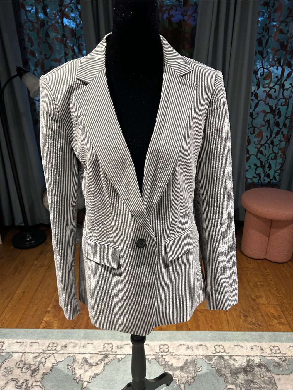 LOFT Black & White Striped Seersucker Single-Button Blazer